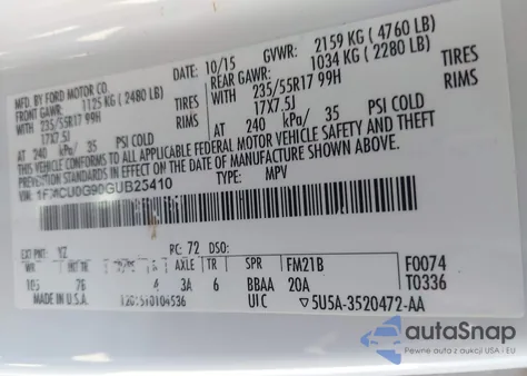 2016 Ford Escape Se из США, поврежденный, VIN 1FMCU0G90GUB25410